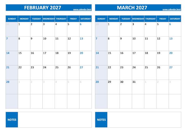 February And March 2027 Calendar Printable 4 2027 Two-Month Calendar Printable Templates