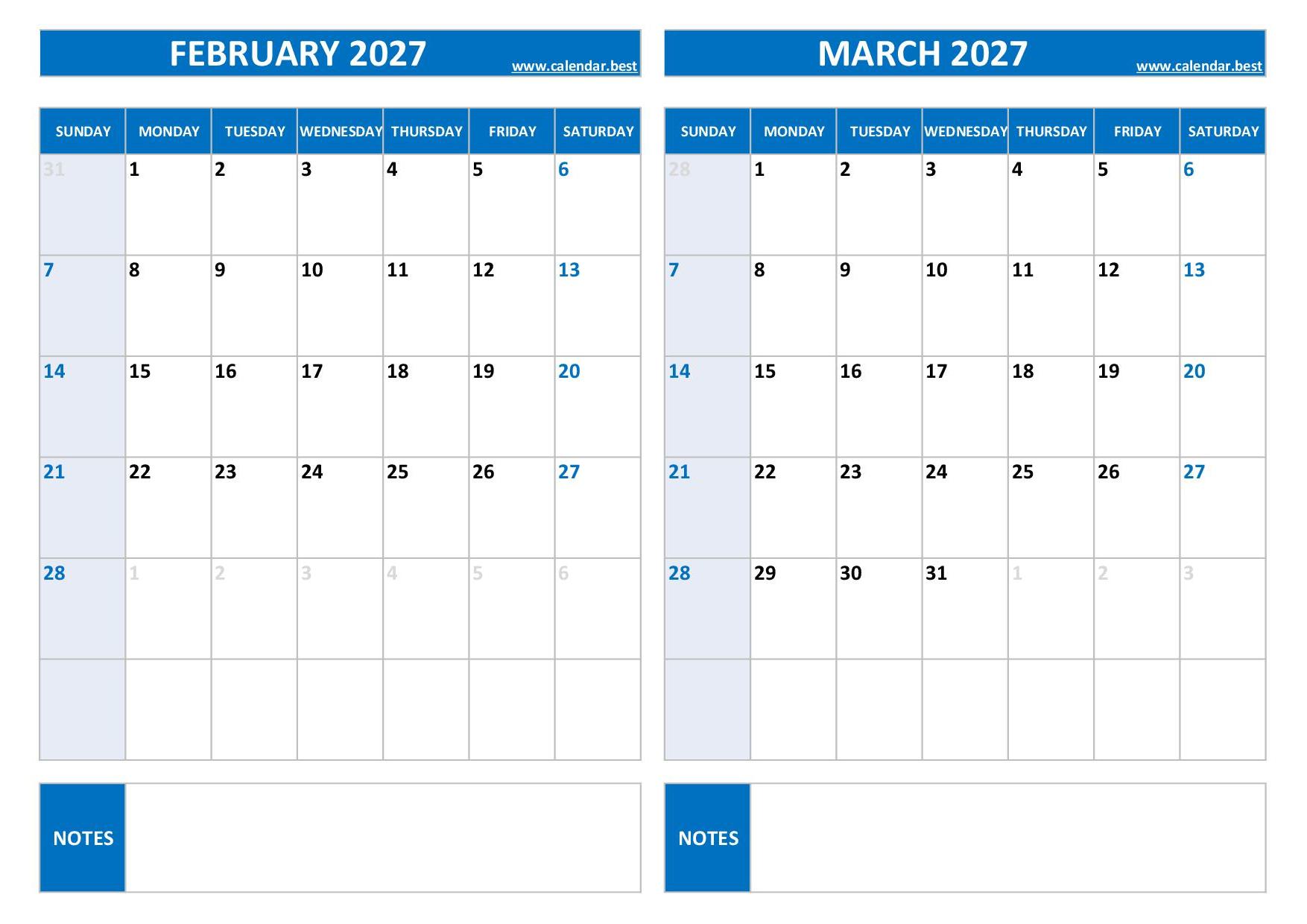 Calendar For February And March 2027 4 Printable February and March 2027 Calendar - Free PDF & JPG Downloads