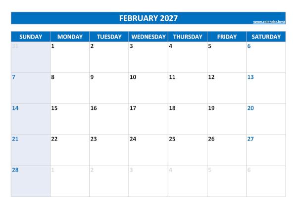 February 2027 calendar printable, free download, blue template February calendar 2027