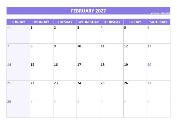 Monthly calendar printable, February 2027, purple template Blank monthly calendar : February 2027