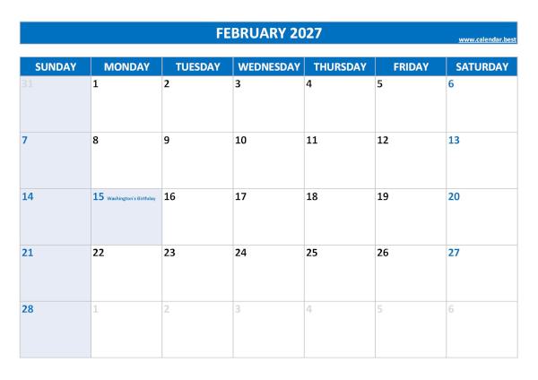 February 2027 calendar printable with federal holidays, free download, blue template February calendar 2027 with holidays