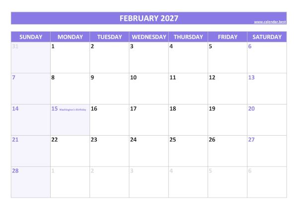 Printable monthly calendar with holidays, Month of February 2027, purple template February 2027 calendar with holidays