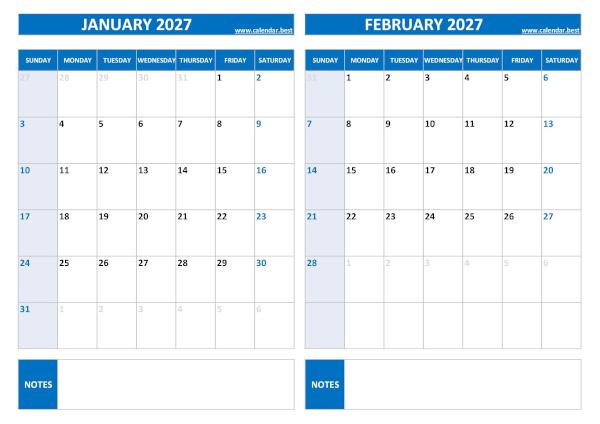 rintable 2027 two-month calendar for January and February. 2027 two-month calendar for January and February