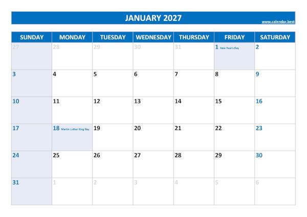 Printable monthly calendar with holidays, Month of January 2027, blue template January 2027 calendar with holidays