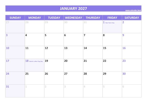January 2027 calendar printable with federal holidays, free download, purple template January calendar 2027 with holidays