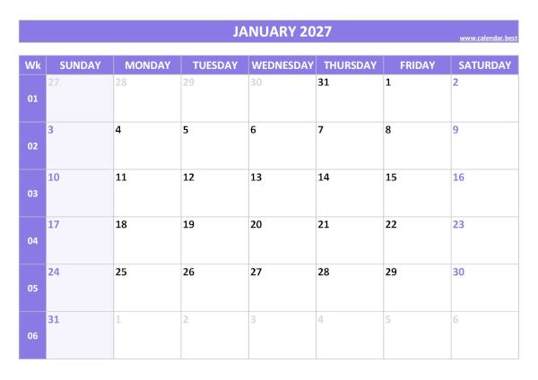 January 2027 calendar printable with week numbers, free download, purple template January calendar 2027 with week numbers