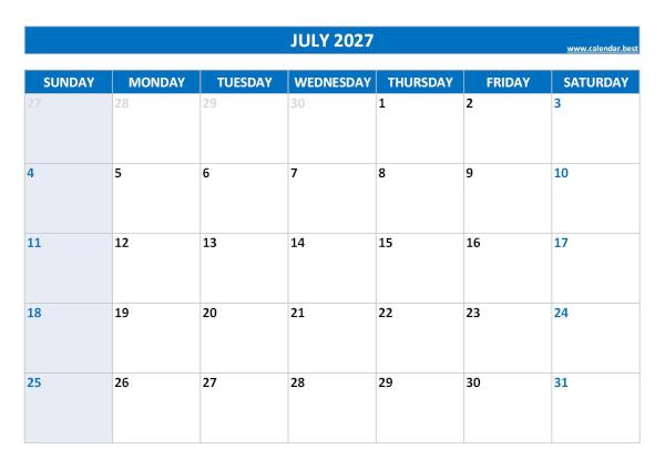 Monthly calendar printable, July 2027, blue template Blank monthly calendar : July 2027