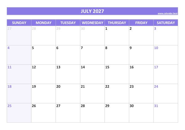 July 2027 calendar printable, free download, purple template July calendar 2027