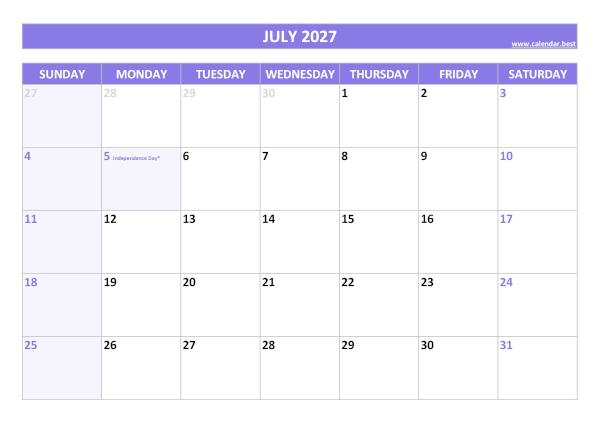 Printable monthly calendar with holidays, Month of July 2027, purple template July 2027 calendar with holidays