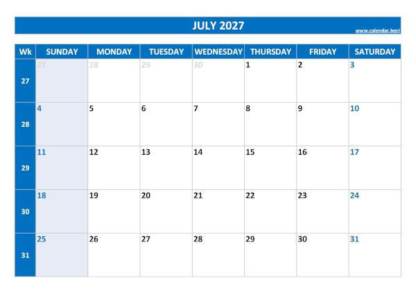 Printable monthly calendar with week numbers, Month of July 2027, blue template July 2027 calendar with weeks