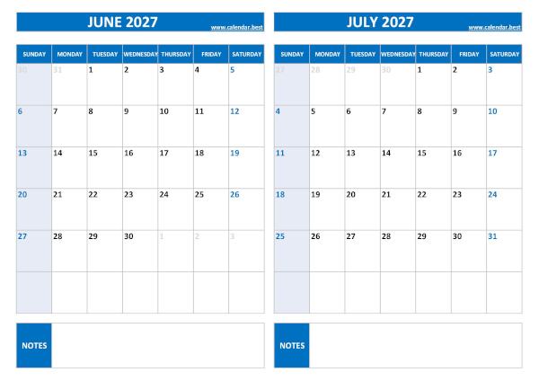 June And July 2027 Calendar Printable 3 2027 Two-Month Calendar Printable Templates