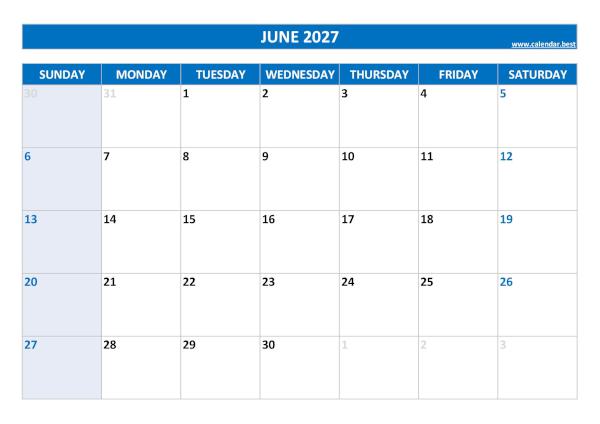 June 2027 calendar printable, free download, blue template June calendar 2027