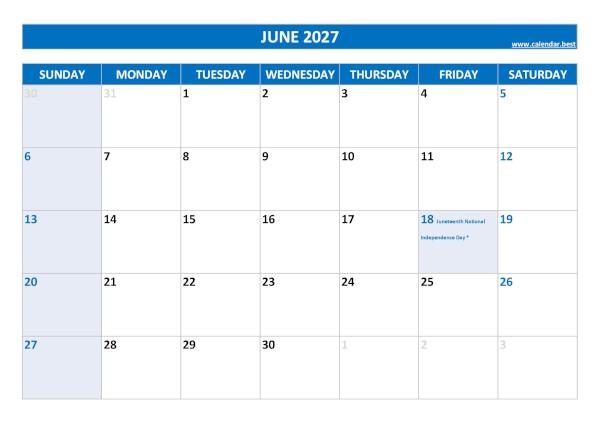 Printable monthly calendar with holidays, Month of June 2027, blue template June 2027 calendar with holidays