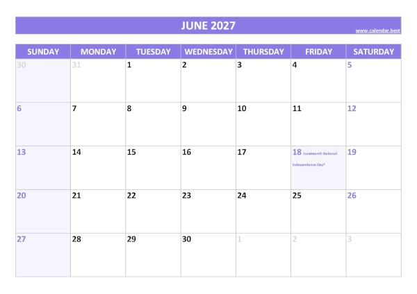 June 2027 calendar printable with federal holidays, free download, purple template June calendar 2027 with holidays