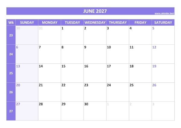 Printable monthly calendar with week numbers, Month of June 2027, purple template June 2027 calendar with weeks