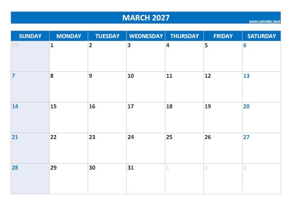 March 2027 calendar printable with federal holidays, free download, blue template March calendar 2027 with holidays