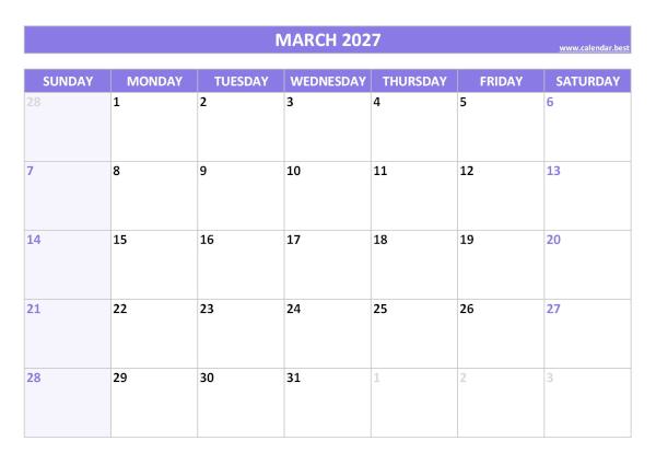 March 2027 calendar printable with federal holidays, free download, purple template March calendar 2027 with holidays