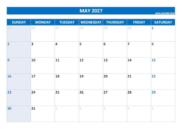 Monthly calendar printable, May 2027, blue template Blank monthly calendar : May 2027