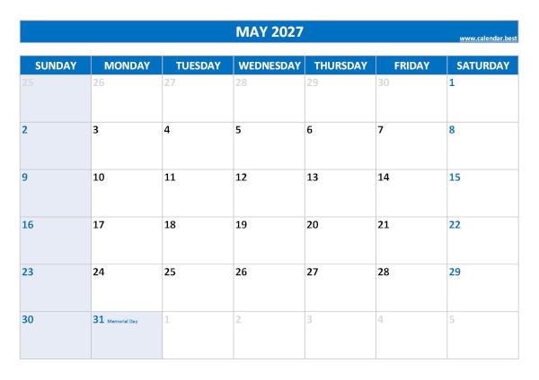 Printable monthly calendar with holidays, Month of May 2027, blue template May 2027 calendar with holidays