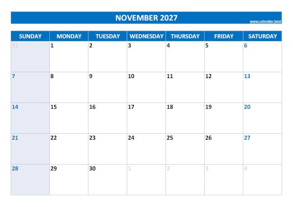 Monthly calendar printable, November 2027, blue template Blank monthly calendar : November 2027