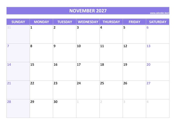 November 2027 calendar printable, free download, purple template November calendar 2027