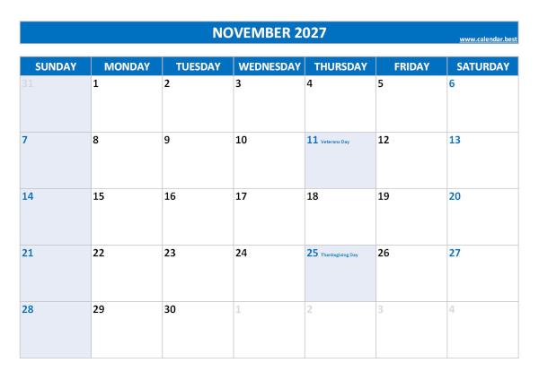 Printable monthly calendar with holidays, Month of November 2027, blue template November 2027 calendar with holidays