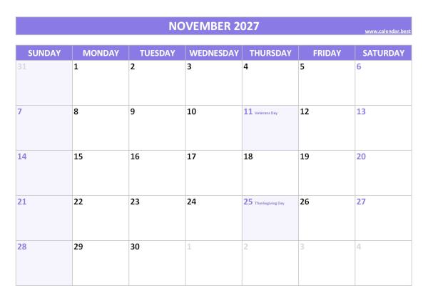 November 2027 calendar printable with federal holidays, free download, purple template November calendar 2027 with holidays