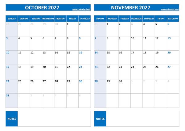 Printable Calendar October And November 2027 4 2027 Two-Month Calendar Printable Templates