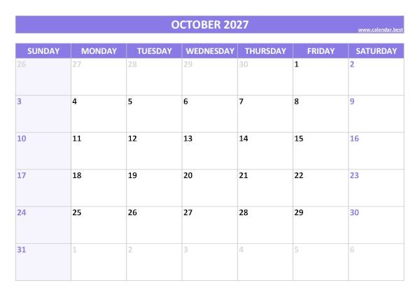 Monthly calendar printable, October 2027, purple template Blank monthly calendar : October 2027