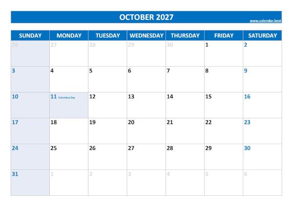 October 2027 calendar printable with federal holidays, free download, blue template October calendar 2027 with holidays