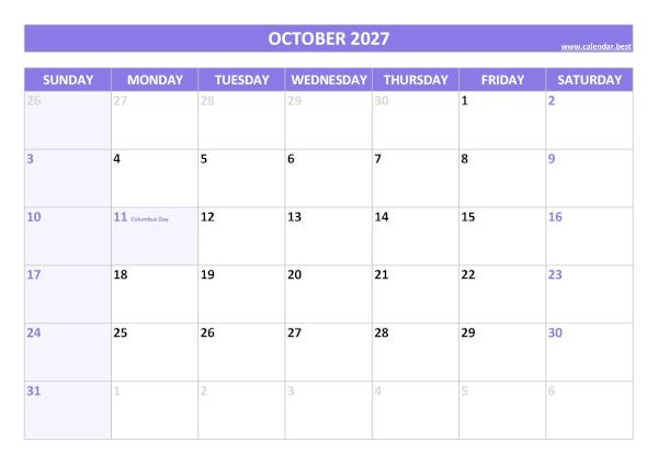 Printable monthly calendar with holidays, Month of October 2027, purple template October 2027 calendar with holidays