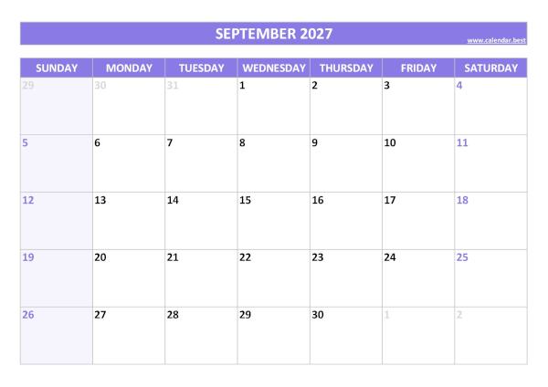September calendar 2027