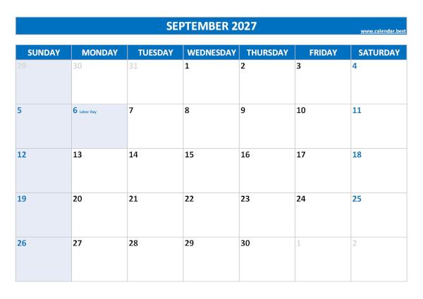 Printable monthly calendar with holidays, Month of September 2027, blue template September 2027 calendar with holidays