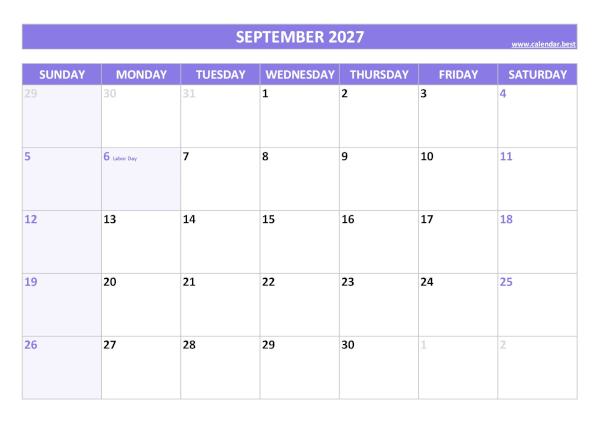 September calendar 2027 with holidays