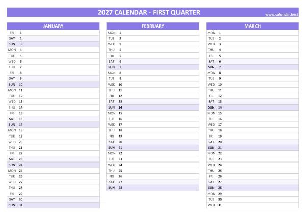 Free printable calendar for 1st quarter 2027, blank version, purple template, A4 landscape format Blank calendar for first quarter 2027