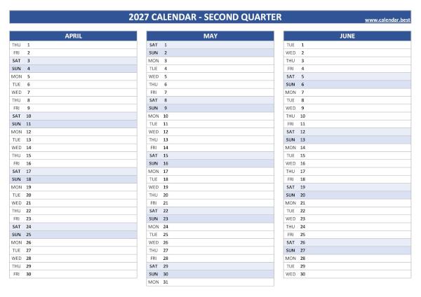 Free printable calendar for 2nd quarter 2027, blank version, blue template, A4 landscape format Blank calendar for second quarter 2027