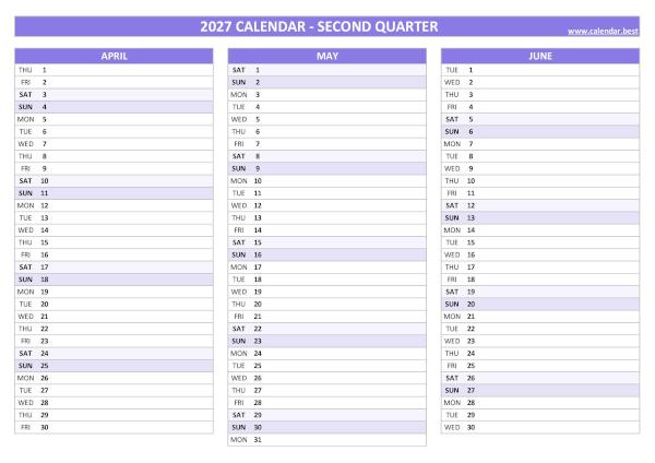 Free printable calendar for 2nd quarter 2027, blank version, purple template, A4 landscape format Blank calendar for second quarter 2027