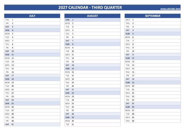 Free printable calendar for 3rd quarter 2027, blank version, blue template, A4 landscape format Blank calendar for third quarter 2027