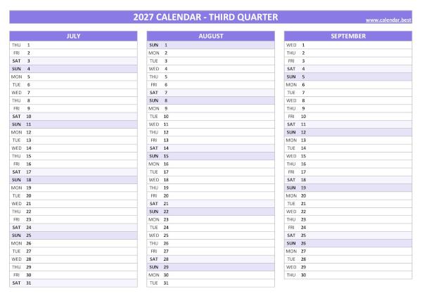 Free printable calendar for 3rd quarter 2027, blank version, purple template, A4 landscape format Blank calendar for third quarter 2027