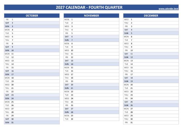 Free printable calendar for 4th quarter 2027, blank version, blue template, A4 landscape format Blank calendar for fourth quarter 2027