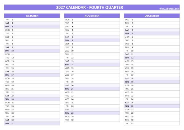 Free printable calendar for 4th quarter 2027, blank version, purple template, A4 landscape format Blank calendar for fourth quarter 2027