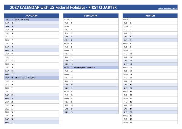 Calendar for the first quarter of 2027 with public holidays