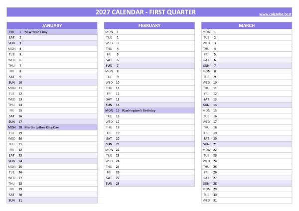 Calendar for the first quarter of 2027 with public holidays