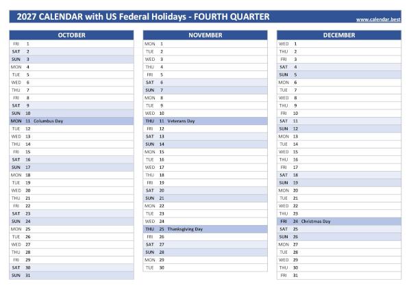 Calendar for the fourth quarter of 2027 with public holidays
