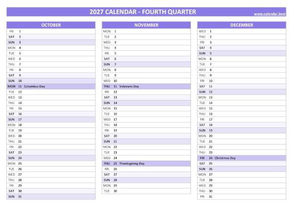 Calendar for the fourth quarter of 2027 with public holidays
