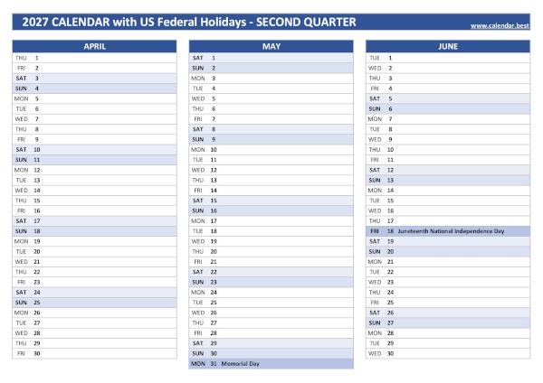 Calendar for the second quarter of 2027 with public holidays