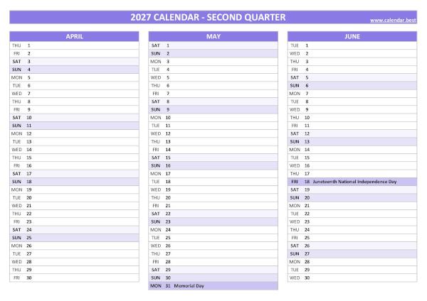 Calendar for the second quarter of 2027 with public holidays