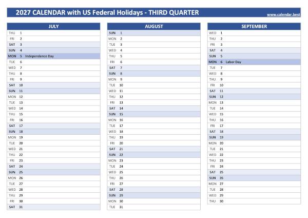 Calendar for the third quarter of 2027 with public holidays