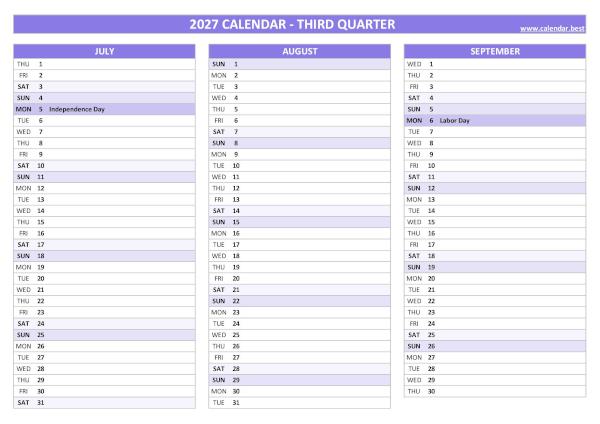 Calendar for the third quarter of 2027 with public holidays