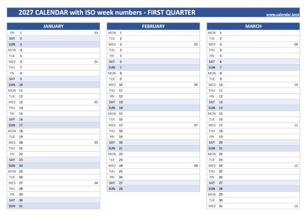 Calendar for the first quarter of 2027 with iso week numbers